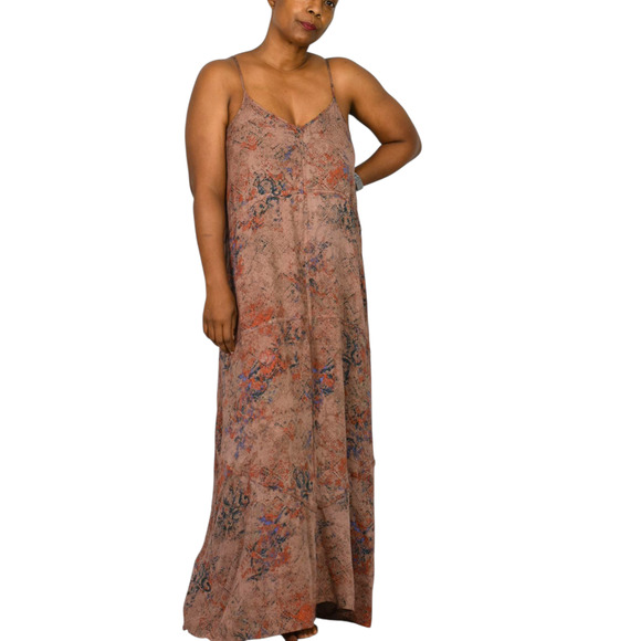 Hinge Slip Dress Brown Print Maxi Rayon Sundress Spaghetti Straps Flowy Small - Picture 13 of 13